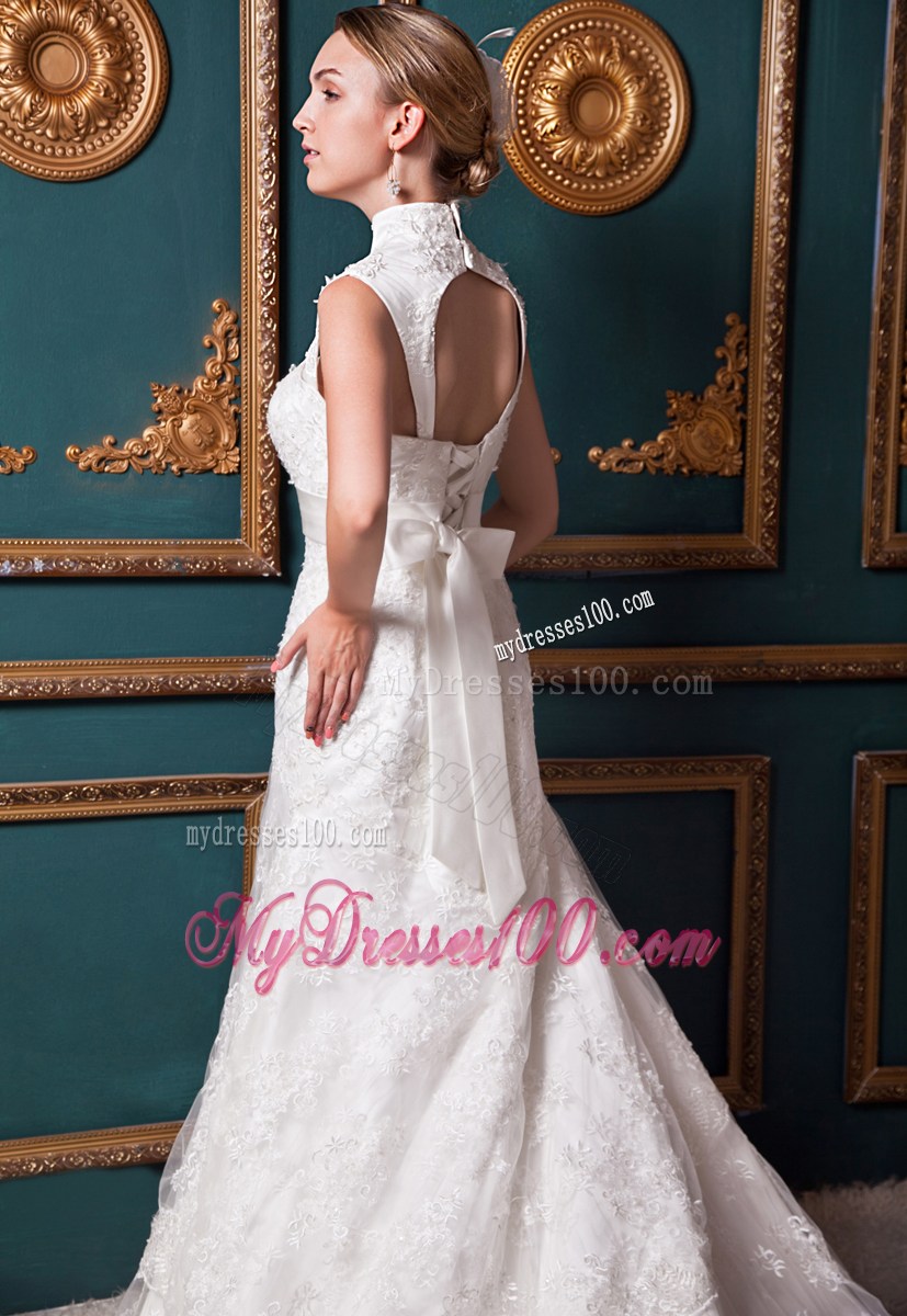 Hollow Out High Neck Lace Flowers Wedding Dresses with Bowknot