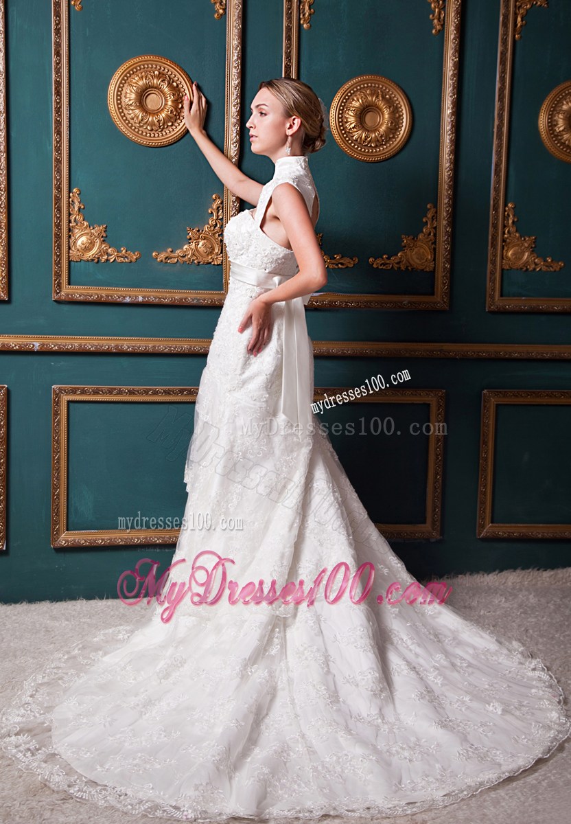 Hollow Out High Neck Lace Flowers Wedding Dresses with Bowknot