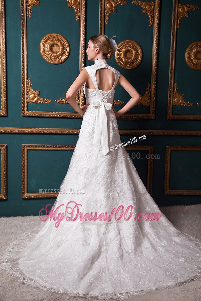 Hollow Out High Neck Lace Flowers Wedding Dresses with Bowknot