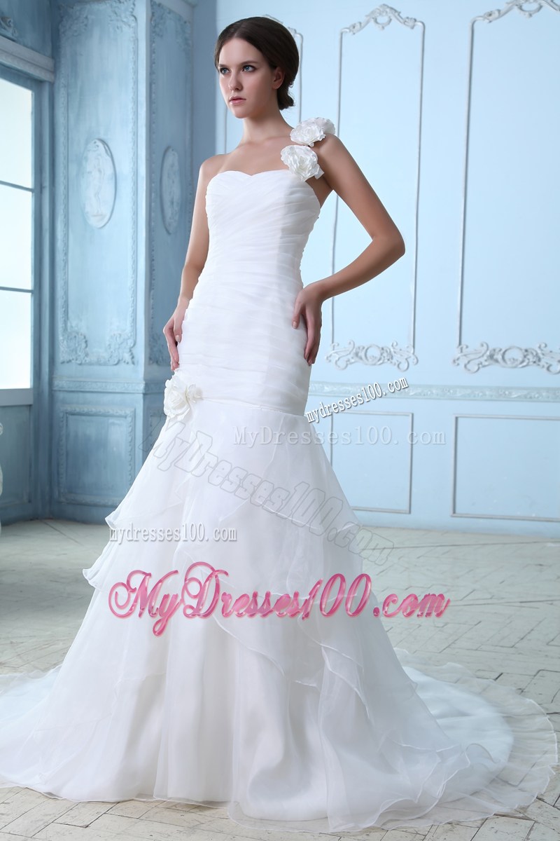Flowers and Ruches Decorate on A-line Court Train Wedding Dress