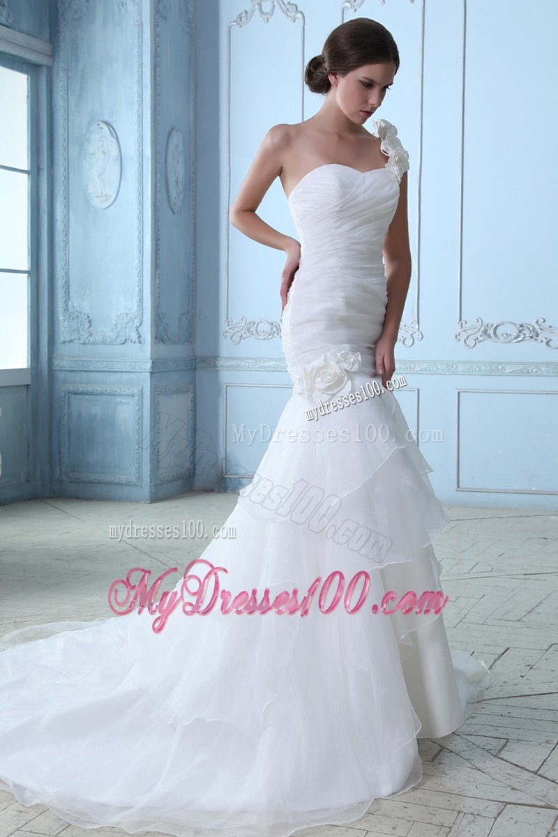 Flowers and Ruches Decorate on A-line Court Train Wedding Dress