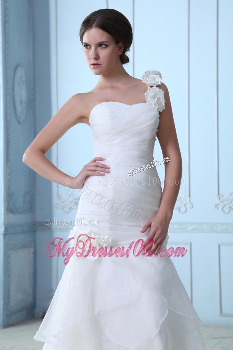 Flowers and Ruches Decorate on A-line Court Train Wedding Dress
