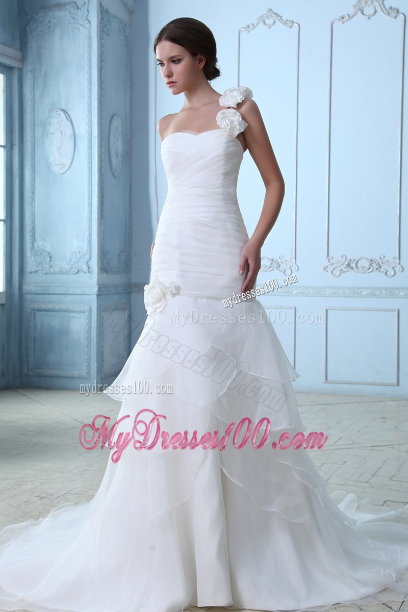 Flowers and Ruches Decorate on A-line Court Train Wedding Dress