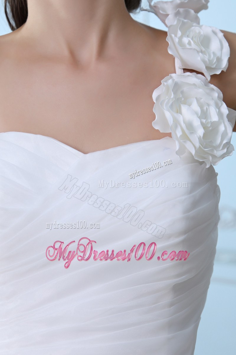 Flowers and Ruches Decorate on A-line Court Train Wedding Dress