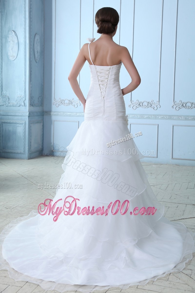 Flowers and Ruches Decorate on A-line Court Train Wedding Dress