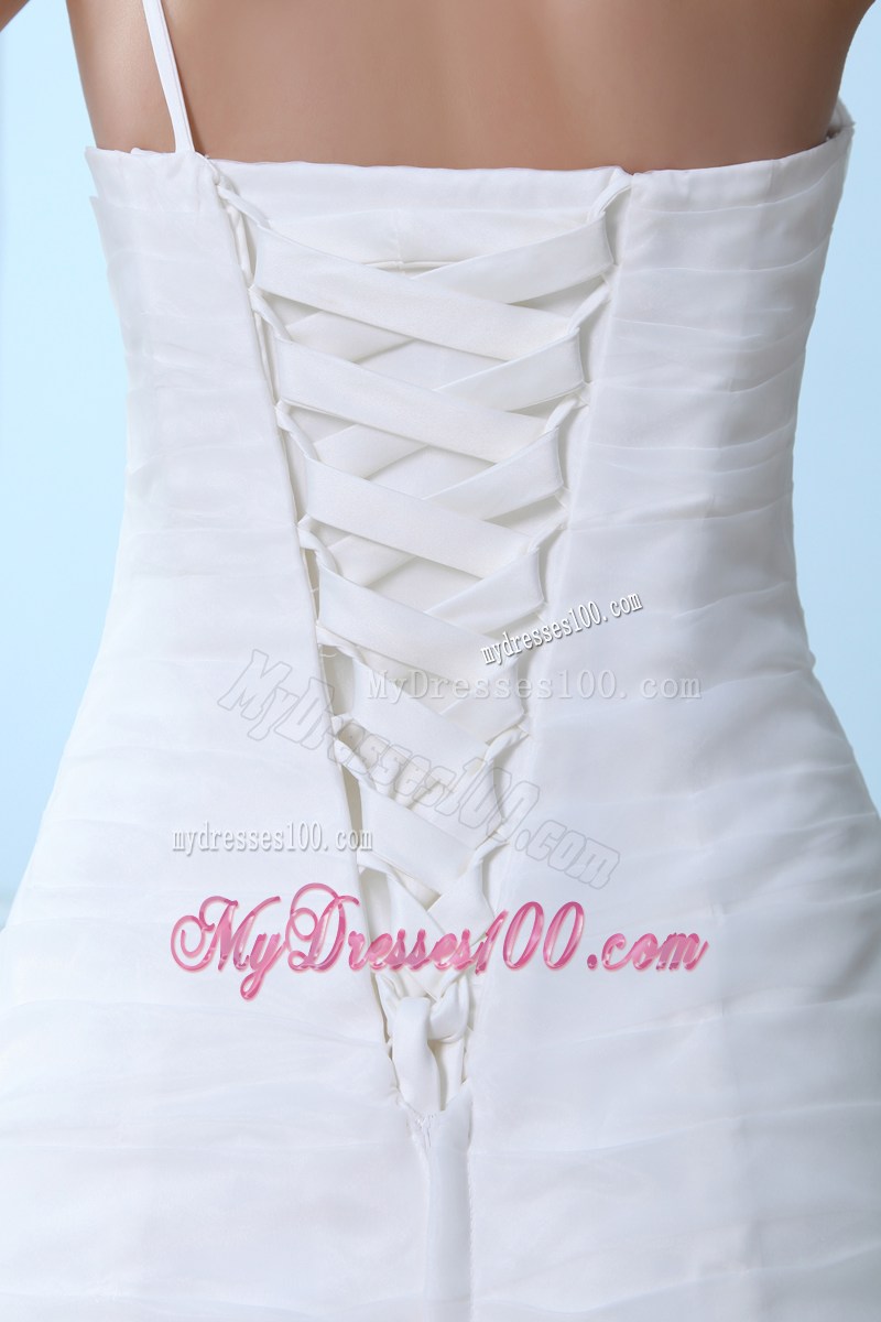 Flowers and Ruches Decorate on A-line Court Train Wedding Dress