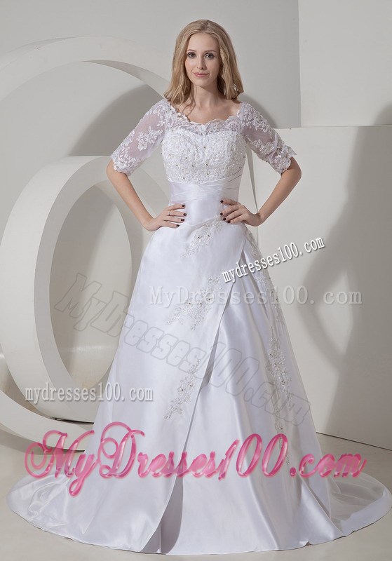 Lace Flowers Half Sleeves Wedding Gowns with Appliques and Diamonds