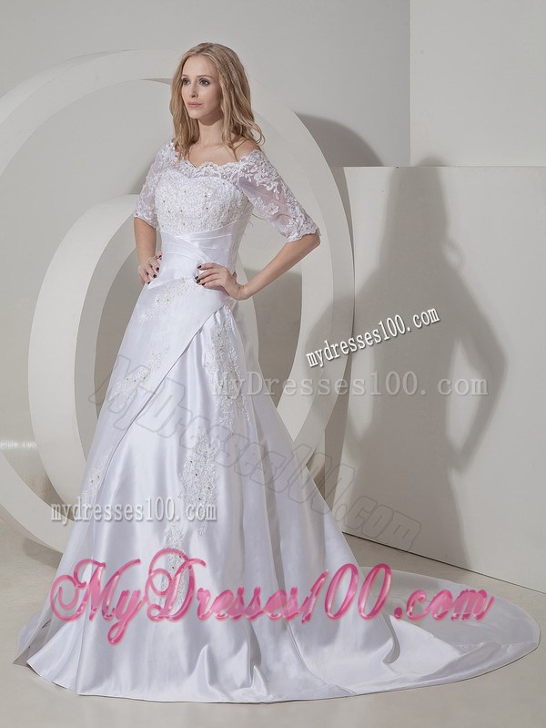 Lace Flowers Half Sleeves Wedding Gowns with Appliques and Diamonds
