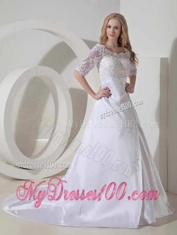 Lace Flowers Half Sleeves Wedding Gowns with Appliques and Diamonds