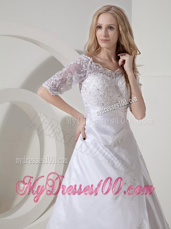 Lace Flowers Half Sleeves Wedding Gowns with Appliques and Diamonds