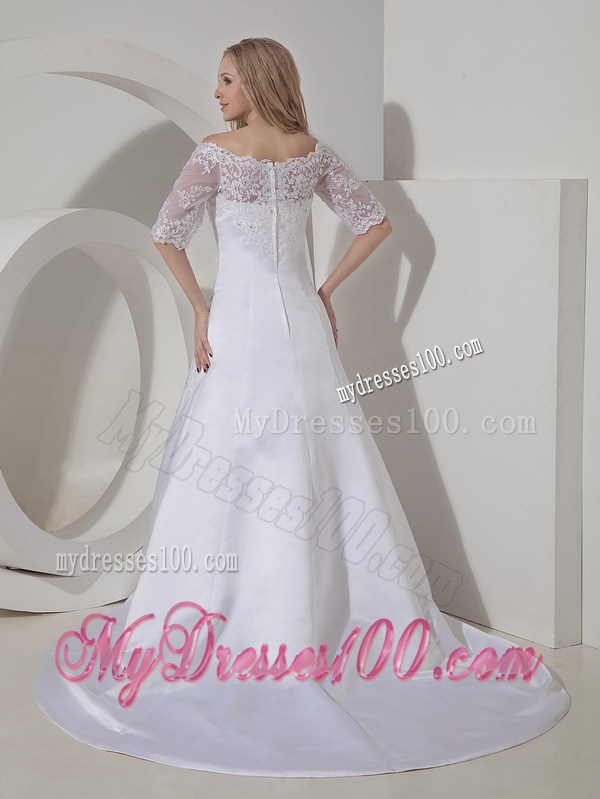 Lace Flowers Half Sleeves Wedding Gowns with Appliques and Diamonds