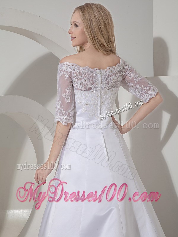 Lace Flowers Half Sleeves Wedding Gowns with Appliques and Diamonds