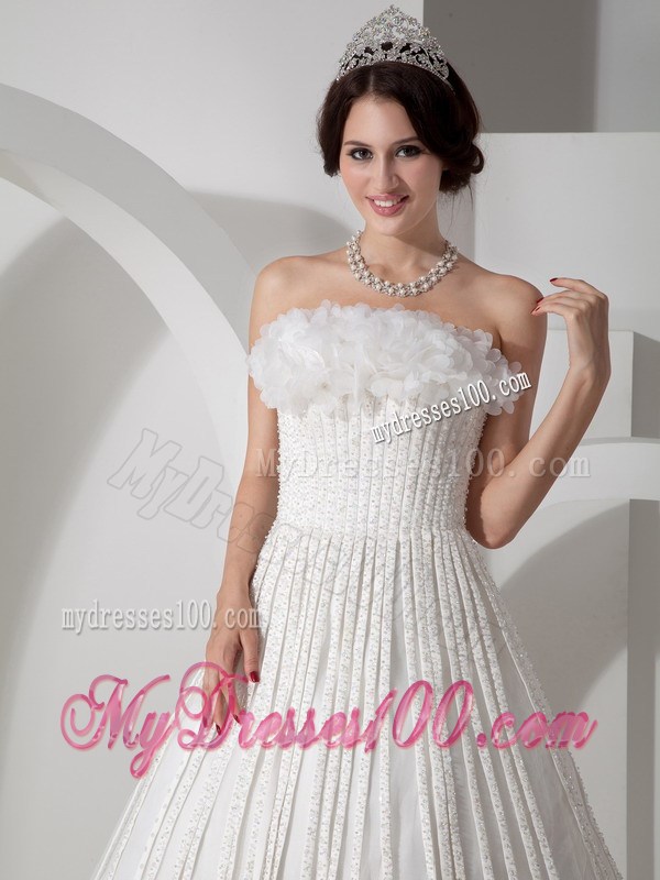 Strapless Brush Train Wedding Dresses with Vertical Strips and Flowers