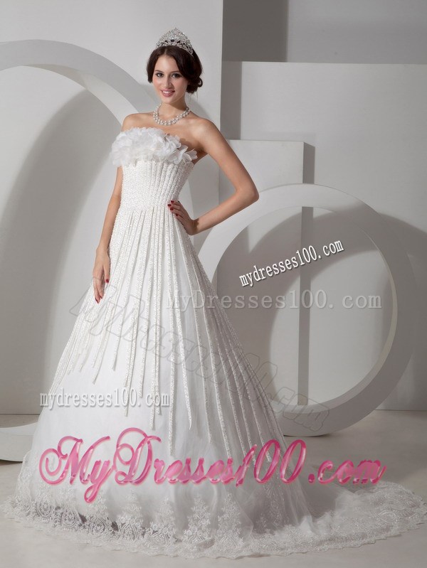 Strapless Brush Train Wedding Dresses with Vertical Strips and Flowers