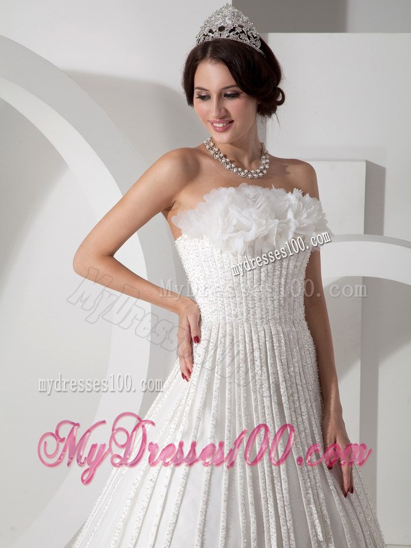 Strapless Brush Train Wedding Dresses with Vertical Strips and Flowers