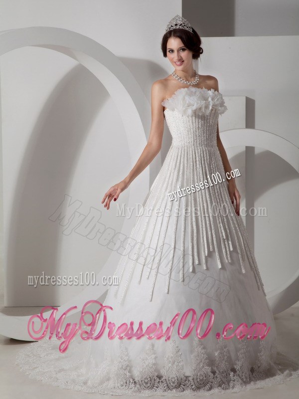 Strapless Brush Train Wedding Dresses with Vertical Strips and Flowers