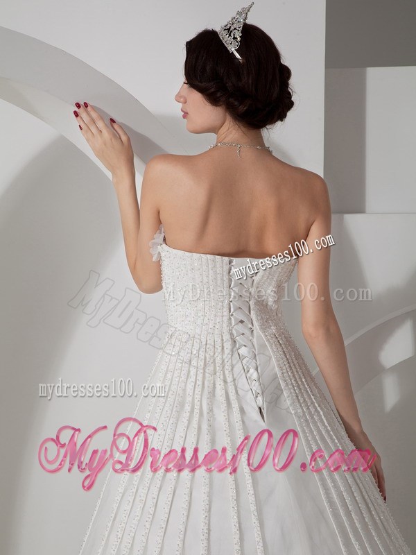 Strapless Brush Train Wedding Dresses with Vertical Strips and Flowers