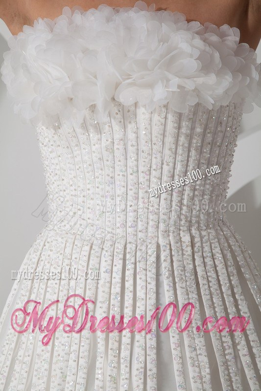 Strapless Brush Train Wedding Dresses with Vertical Strips and Flowers