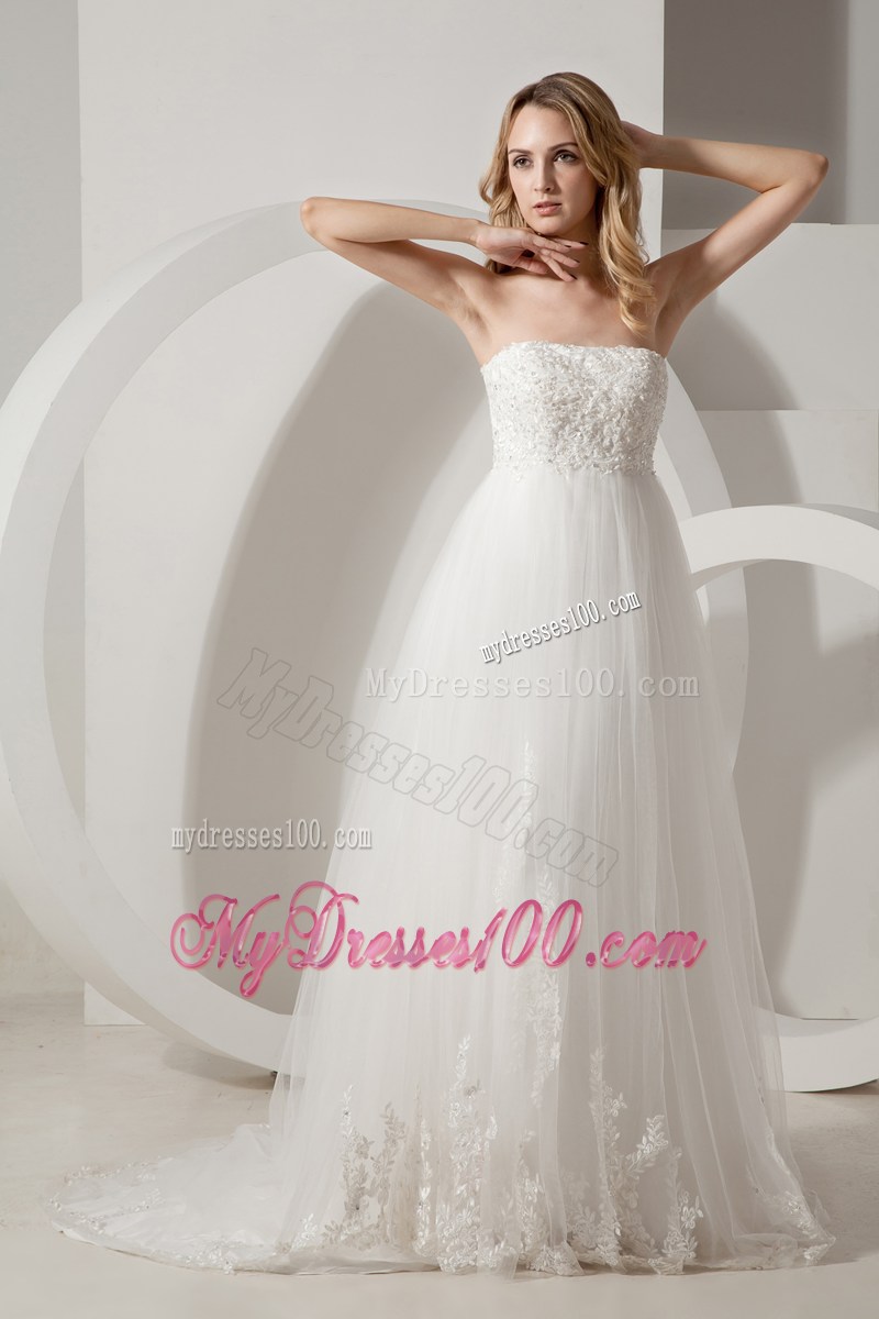 Modest Strapless Brush Train Appliques Wedding Anniversary Dress