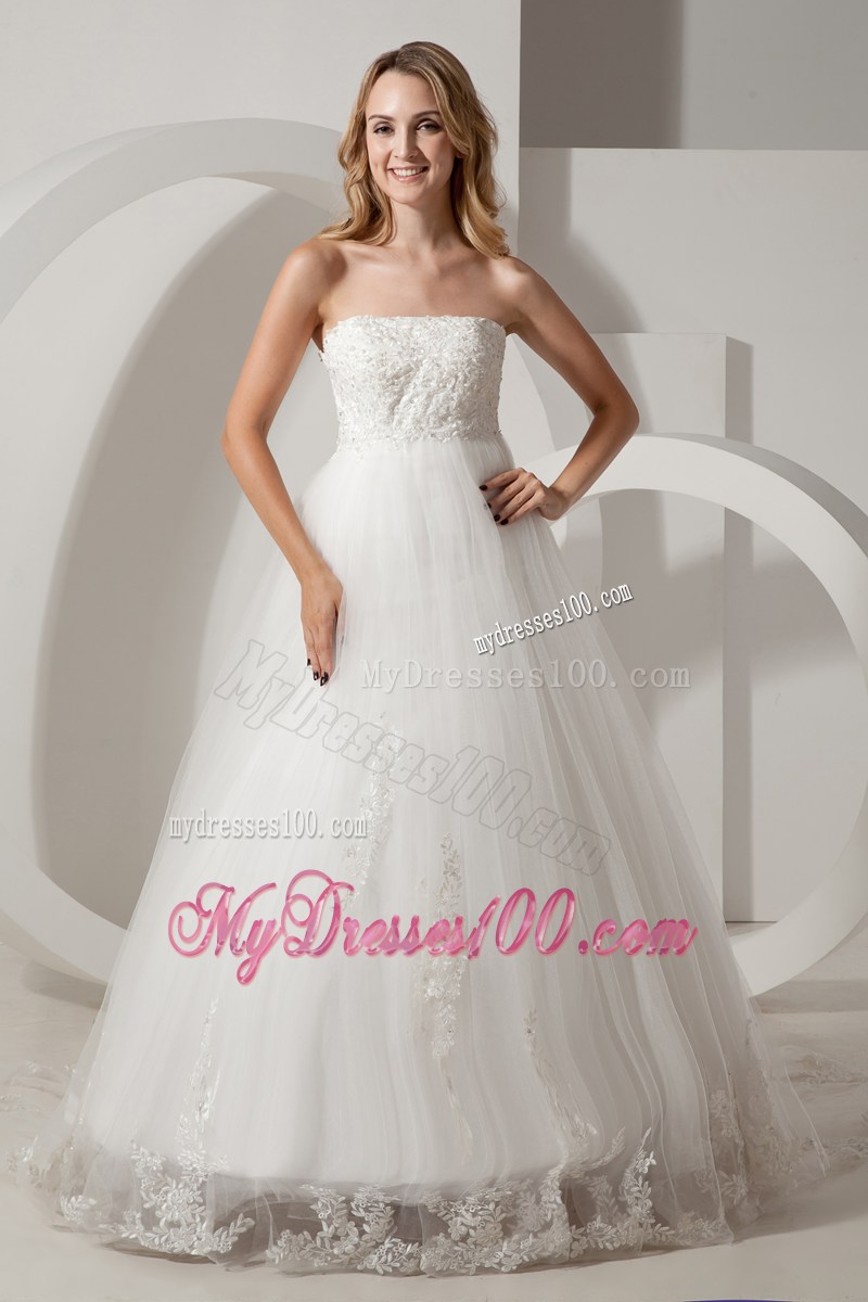 Modest Strapless Brush Train Appliques Wedding Anniversary Dress