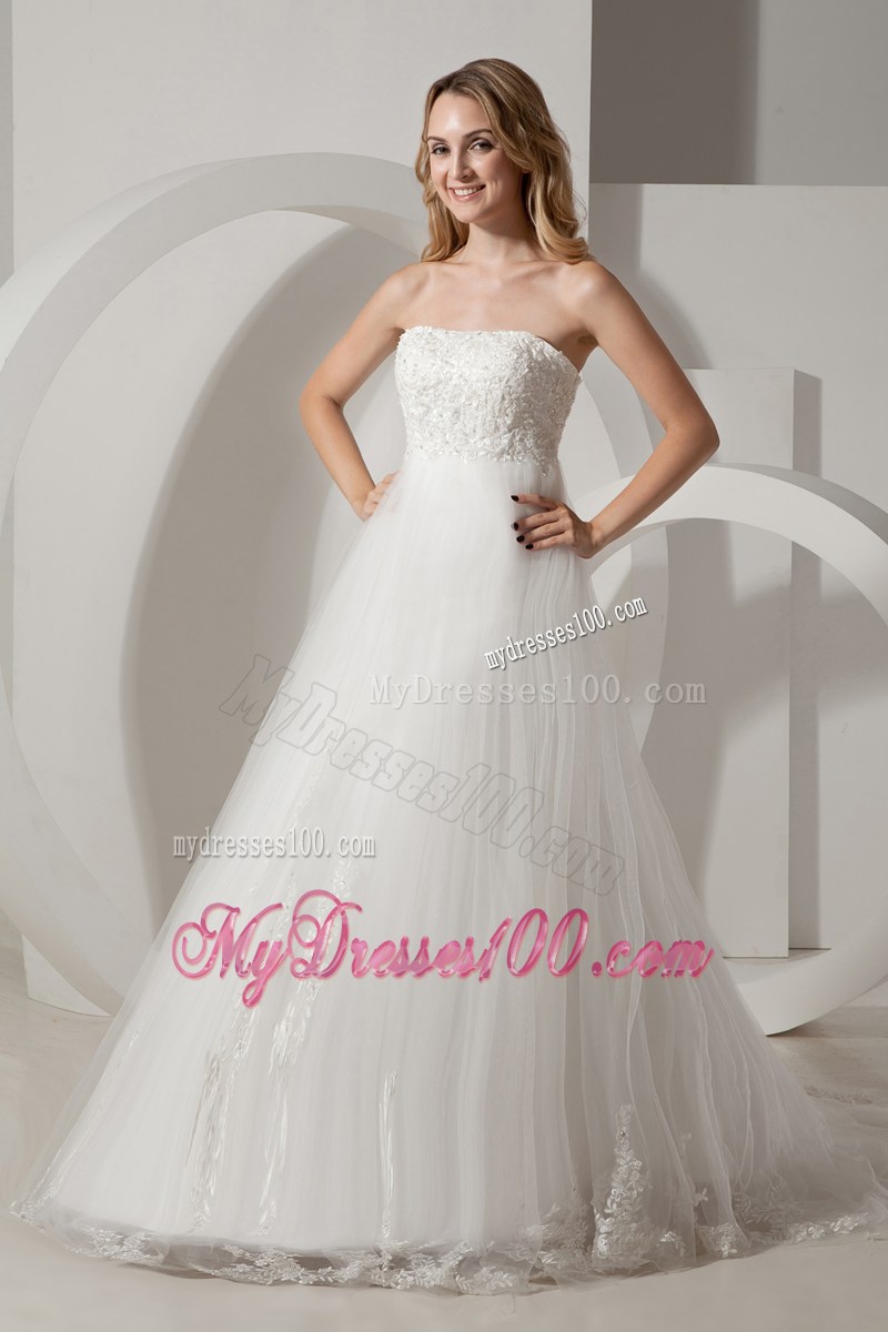 Modest Strapless Brush Train Appliques Wedding Anniversary Dress