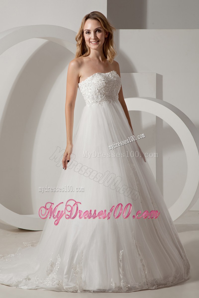 Modest Strapless Brush Train Appliques Wedding Anniversary Dress