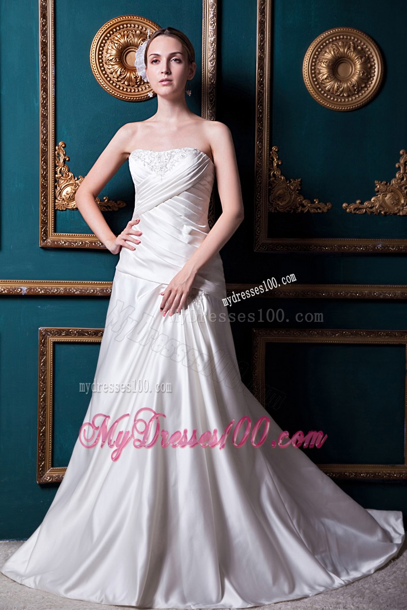 Ruching Beading and Appliques Decorated Brush Train Bridal Gown