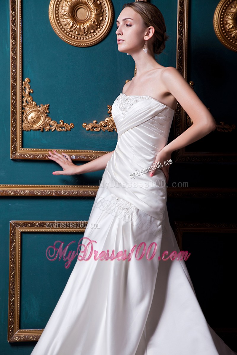 Ruching Beading and Appliques Decorated Brush Train Bridal Gown