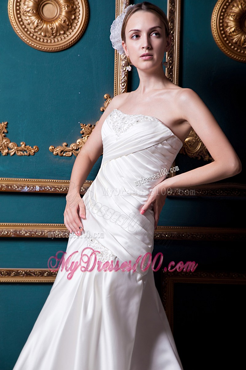 Ruching Beading and Appliques Decorated Brush Train Bridal Gown
