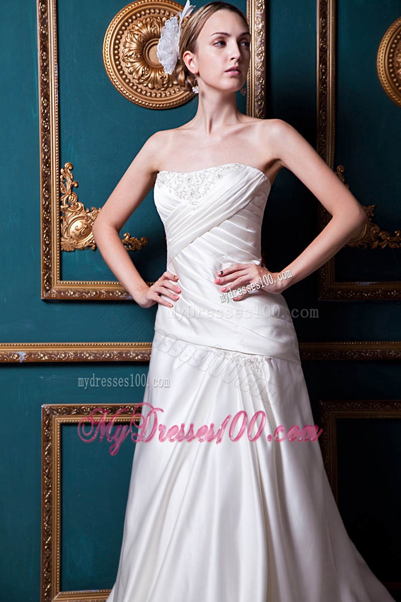 Ruching Beading and Appliques Decorated Brush Train Bridal Gown