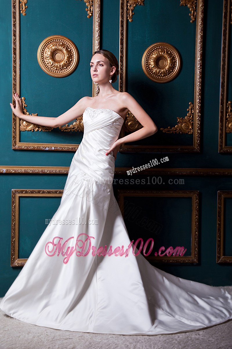Ruching Beading and Appliques Decorated Brush Train Bridal Gown