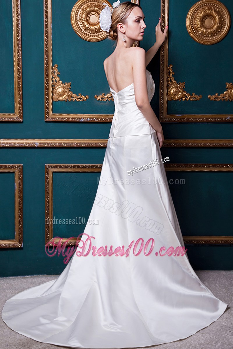 Ruching Beading and Appliques Decorated Brush Train Bridal Gown