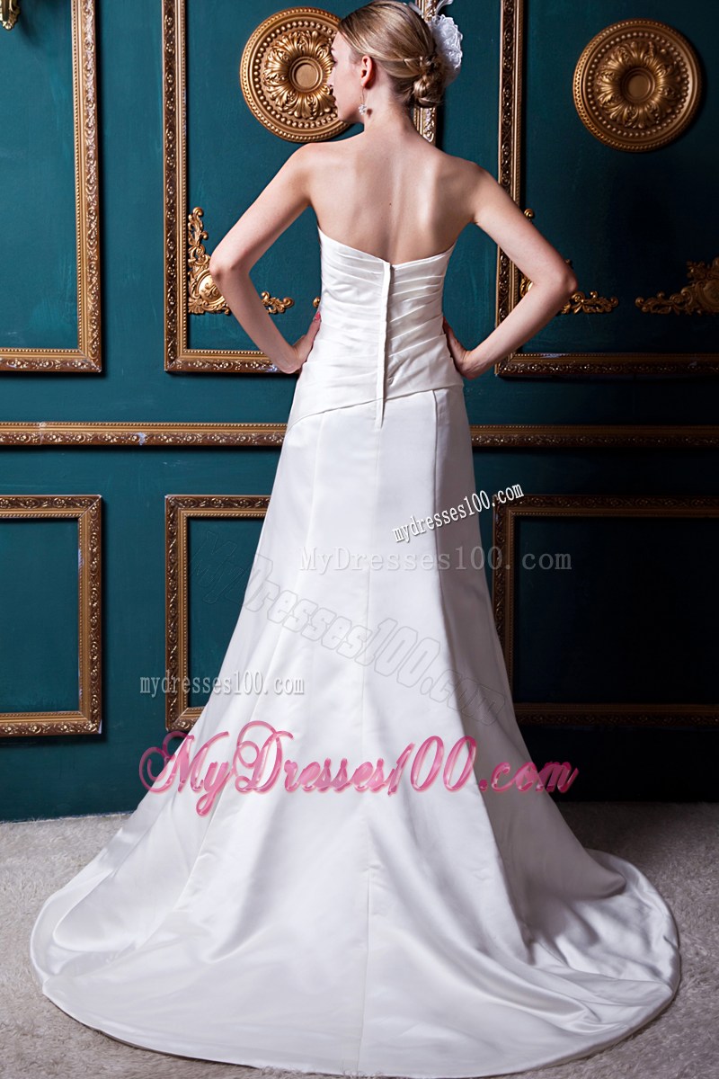Ruching Beading and Appliques Decorated Brush Train Bridal Gown