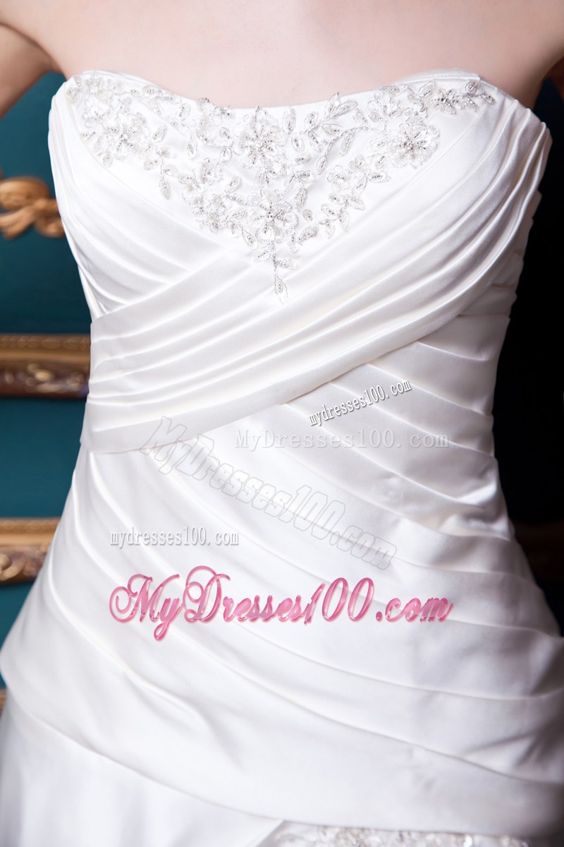 Ruching Beading and Appliques Decorated Brush Train Bridal Gown