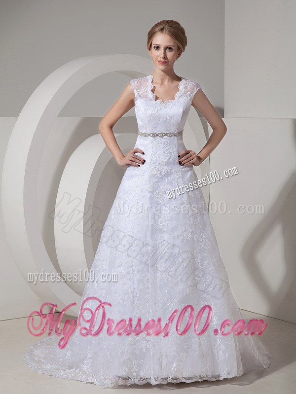 Pretty A-line Square Neckline White Lace Dress for Wedding with Beading