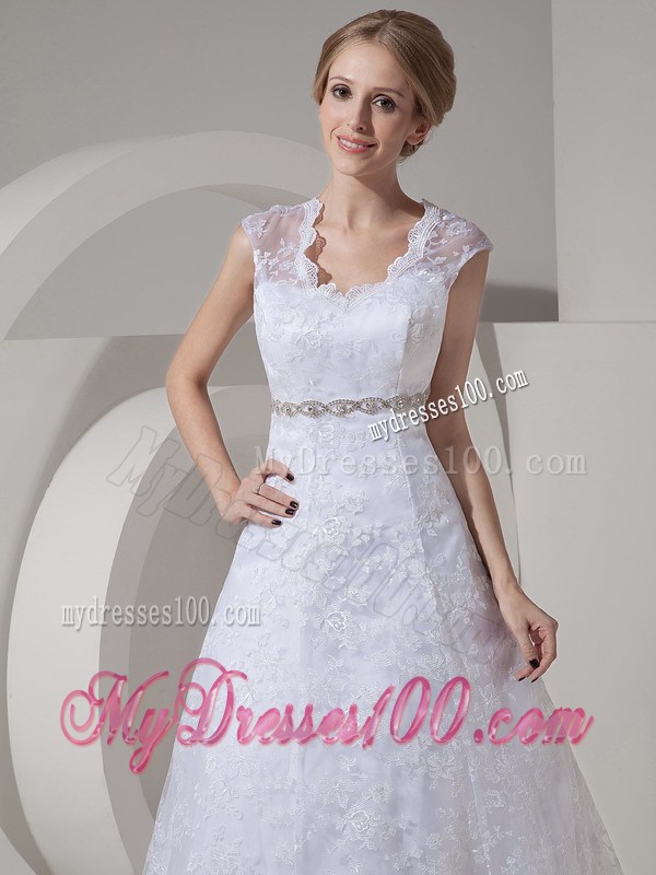 Pretty A-line Square Neckline White Lace Dress for Wedding with Beading