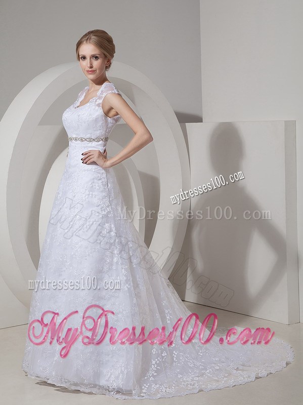 Pretty A-line Square Neckline White Lace Dress for Wedding with Beading