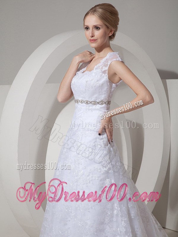 Pretty A-line Square Neckline White Lace Dress for Wedding with Beading