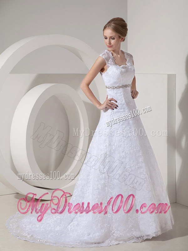 Pretty A-line Square Neckline White Lace Dress for Wedding with Beading