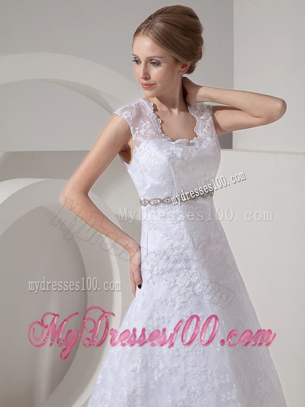 Pretty A-line Square Neckline White Lace Dress for Wedding with Beading