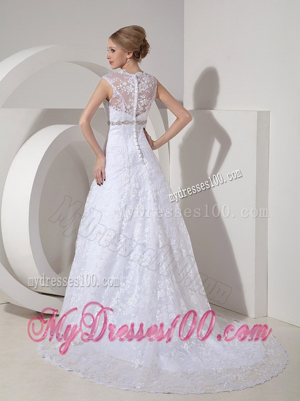 Pretty A-line Square Neckline White Lace Dress for Wedding with Beading