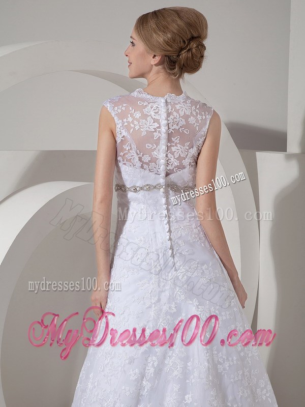 Pretty A-line Square Neckline White Lace Dress for Wedding with Beading