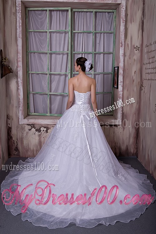 Appliques and Sash Accent on Chapel Train Sleeveless Wedding Gown