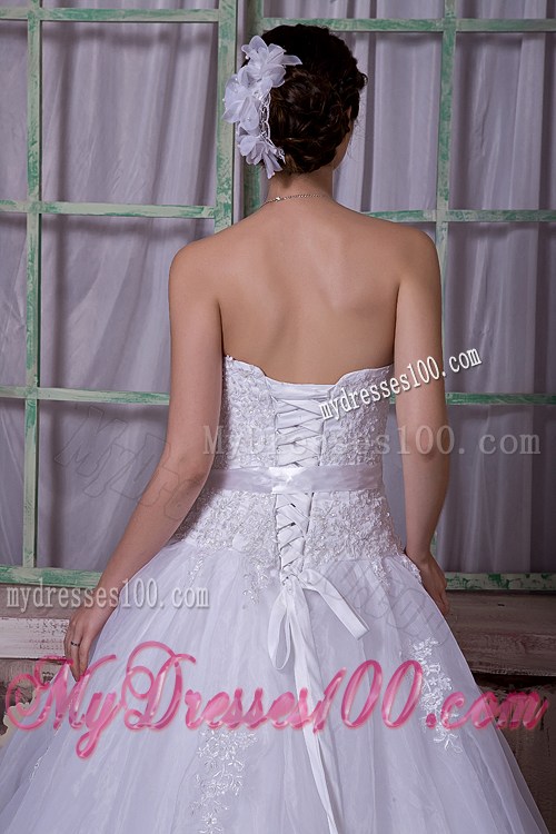 Appliques and Sash Accent on Chapel Train Sleeveless Wedding Gown