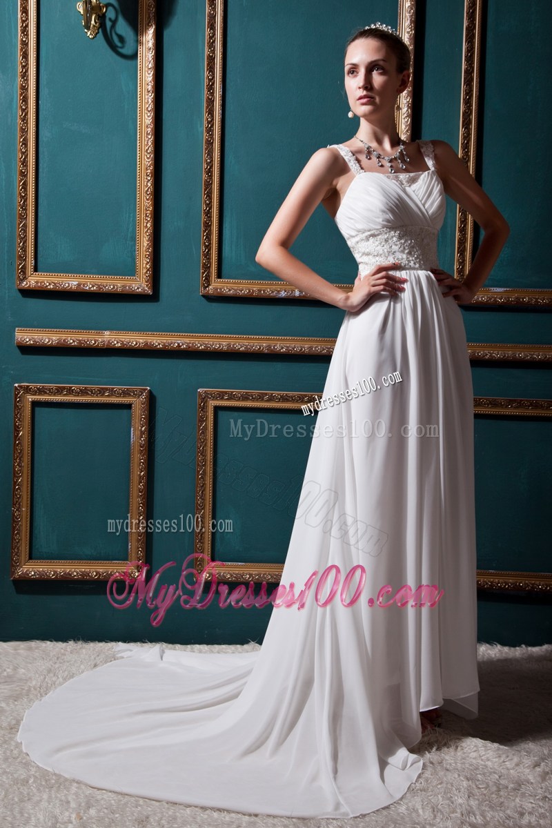 Nifty Empire Court Train Straps Ruffles White Wedding Gown in vogue