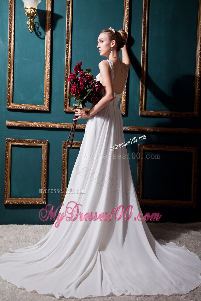 Nifty Empire Court Train Straps Ruffles White Wedding Gown in vogue