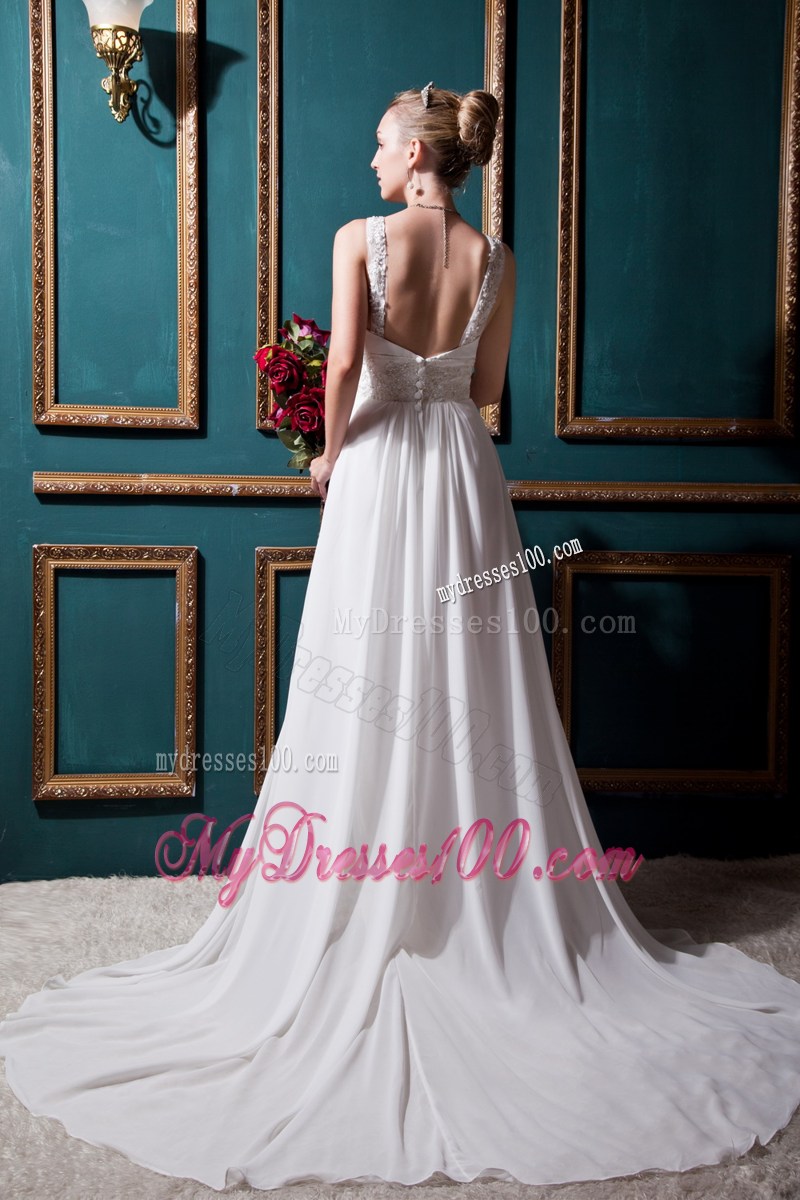 Nifty Empire Court Train Straps Ruffles White Wedding Gown in vogue