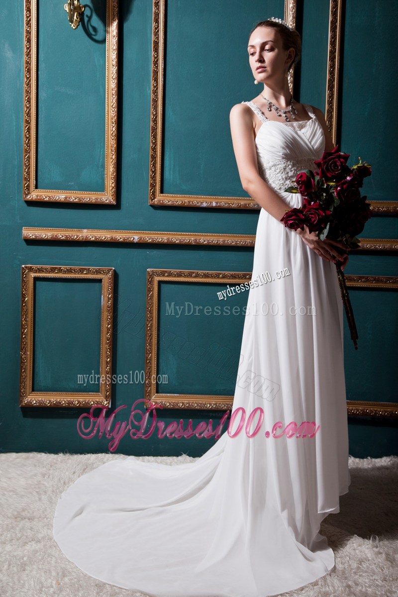 Nifty Empire Court Train Straps Ruffles White Wedding Gown in vogue
