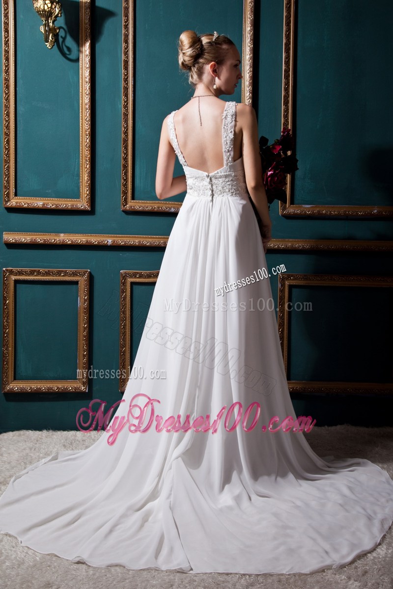 Nifty Empire Court Train Straps Ruffles White Wedding Gown in vogue