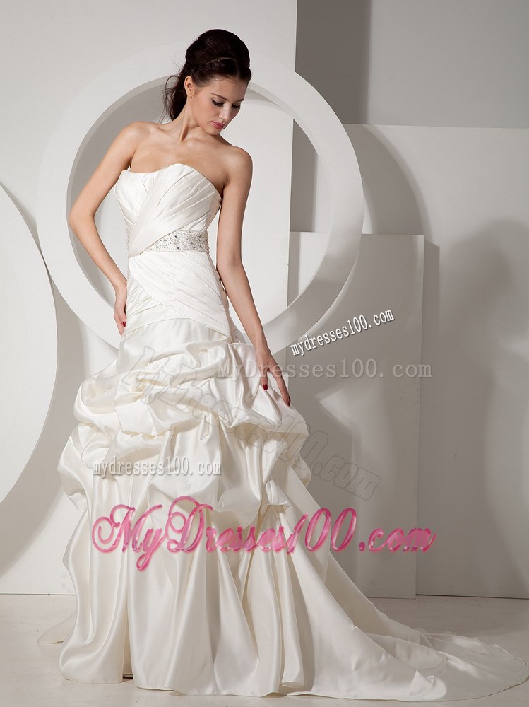 Pick-ups Brush Train Bridal Gowns in White with Beading Sash For Woman